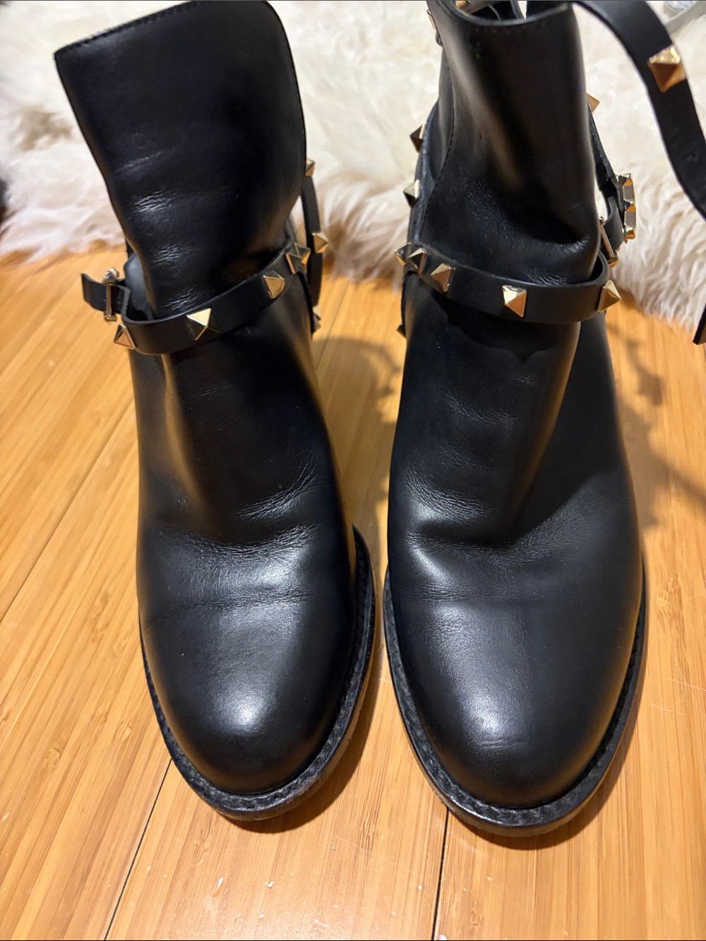 Valentino Black Leather Ankle Boots with Gold Studs